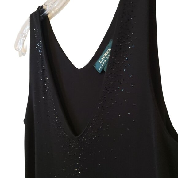 Lauren Ralph Lauren Black Rhinestone V Neck Sleeveless Jersey Midi Dress 90s - Picture 3 of 6